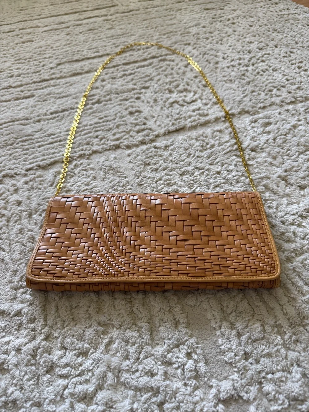 Cole Haan's iconic Genevieve woven leather tan crossbody bag